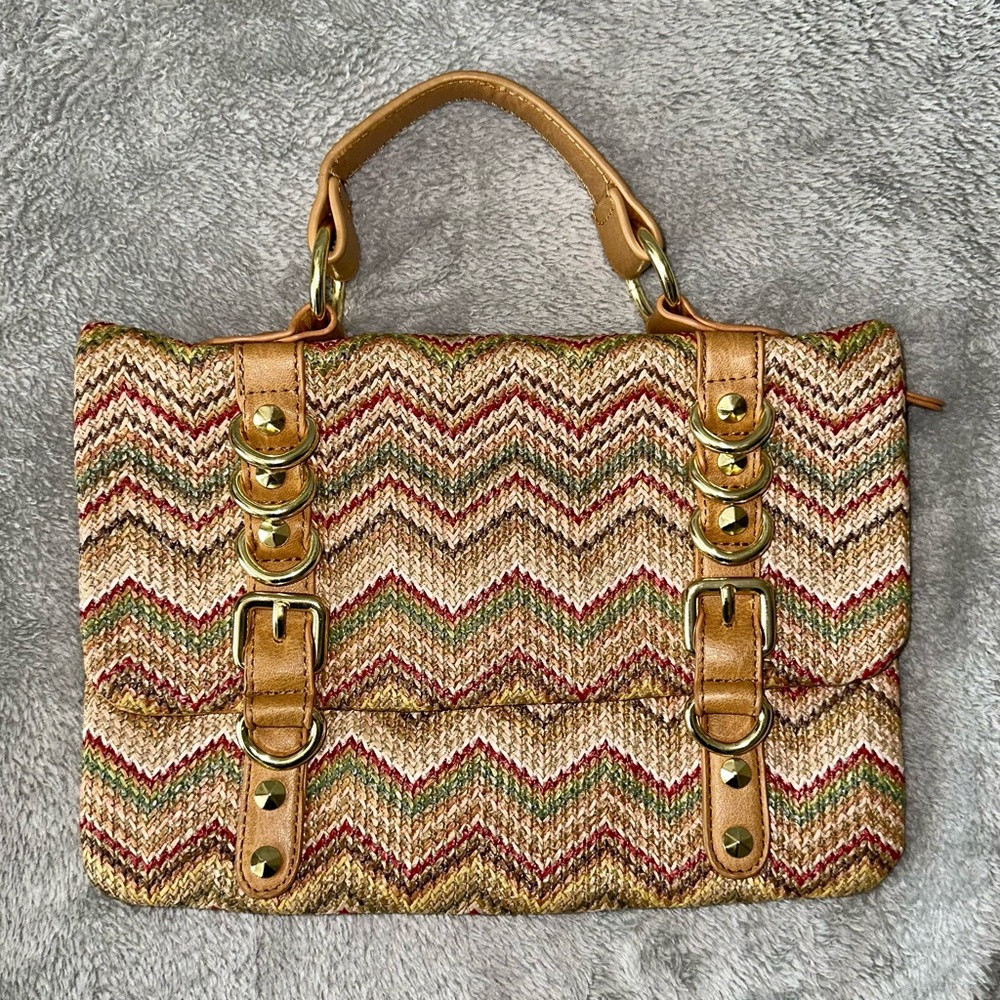 Olivia & Joy Chevron Patterned Tan and Gold Bag